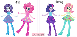 Size: 1896x906 | Tagged: safe, artist:cimmi cumes, imported from twibooru, fluttershy, pinkie pie, rarity, twilight sparkle, equestria girls, clothes, concept art, doll, high heels, image, official, png, shoes, socks, toy