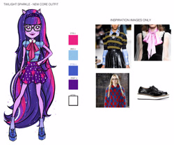 Size: 2500x2080 | Tagged: safe, artist:moniliza, artist:nicole guice, imported from twibooru, sci-twi, twilight sparkle, equestria girls, equestria girls series, color palette, concept art, doll, image, needs more jpeg, new outfit, official, photo reference, ponied up, toy