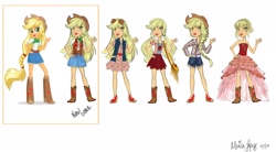 Size: 2500x1375 | Tagged: safe, artist:moniliza, imported from twibooru, applejack, equestria girls, equestria girls series, clothes, concept art, doll, image, line-up, needs more jpeg, new outfit, official, stock vector, toy