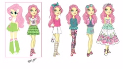 Size: 2500x1408 | Tagged: safe, artist:moniliza, imported from twibooru, fluttershy, equestria girls, equestria girls series, clothes, concept art, doll, dress, image, line-up, needs more jpeg, new outfit, official, toy, vector