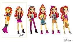 Size: 2500x1470 | Tagged: safe, artist:moniliza, imported from twibooru, sunset shimmer, equestria girls, equestria girls series, clothes, concept art, doll, dress, handbag, image, line-up, needs more jpeg, new outfit, official, simple background, sunglasses, toy, white background