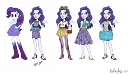 Size: 2500x1465 | Tagged: safe, artist:moniliza, imported from twibooru, rarity, equestria girls, equestria girls series, clothes, concept art, doll, handbag, image, line-up, long skirt, needs more jpeg, new outfit, official, simple background, skirt, sunglasses, toy, white background