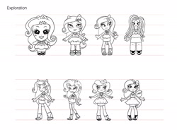 Size: 2134x1600 | Tagged: safe, artist:anabell chu chuntu, imported from twibooru, rarity, equestria girls, equestria girls series, character design, chibi, concept art, doll, fashion squad, image, monochrome, needs more jpeg, official, size chart, size comparison, toy, toy design