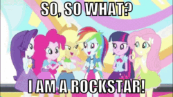 Size: 960x539 | Tagged: safe, edit, edited screencap, editor:undeadponysoldier, imported from ponybooru, screencap, applejack, fluttershy, pinkie pie, rainbow dash, rarity, twilight sparkle, equestria girls, animated, badass, band, cheering, clothes, concert, confetti, crowd, dress, edited gif, female, fist, guitar, happy, in character, jumping, light, makeup, mane six, musical instrument, p!nk, ponied up, seizure warning, skirt, so what, song reference, spotlight, stage, tomboy, wings