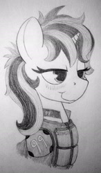 Size: 1436x2464 | Tagged: safe, artist:sodanium, imported from ponybooru, oc, oc only, oc:blackjack, unicorn, fallout equestria, fallout equestria: project horizons, blushing, fanfic art, female, lidded eyes, mare, monochrome, solo