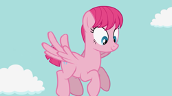 Size: 853x478 | Tagged: safe, artist:agrol, imported from derpibooru, pinkie pie, pegasus, pony, alternate hairstyle, cloud, female, flying, hairstyle, let's start the game, looking down, pegasus pinkie pie, race swap, youtube link