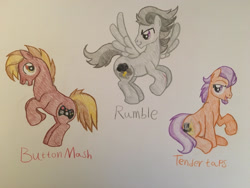 Size: 2828x2121 | Tagged: safe, artist:gibina4ever, imported from derpibooru, button mash, rumble, tender taps, earth pony, pegasus, pony, high res, male, older, traditional art, trio