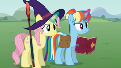 Size: 851x477 | Tagged: safe, artist:agrol, imported from derpibooru, fluttershy, rainbow dash, pony, unicorn, alternate hairstyle, bag, book, female, glowing, glowing horn, hairstyle, hat, horn, let's start the game, race swap, saddle bag, spellbook, staff, unicorn fluttershy, unicorn rainbow dash, wizard hat, youtube link