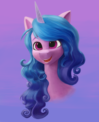 Size: 1138x1400 | Tagged: safe, artist:moonsheid, imported from derpibooru, izzy moonbow, pony, unicorn, bust, female, g5, happy, mare, my little pony: a new generation, open mouth, open smile, simple background, smiling, solo