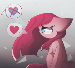 Size: 2200x2000 | Tagged: safe, artist:miryelis, imported from derpibooru, pinkie pie, earth pony, pony, big ears, cute, cuteamena, female, gradient background, high res, impossibly large ears, pinkamena diane pie, sad, sadorable, solo, speech bubble, talking to viewer