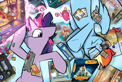 Size: 1280x859 | Tagged: safe, artist:captainhoers, imported from derpibooru, rainbow dash, twilight sparkle, pegasus, pony, unicorn, board game, board games with friends, dice, duo, glasses, glowing, glowing horn, horn, lying down, on back, overhead view, unicorn twilight