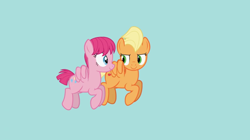 Size: 852x477 | Tagged: safe, artist:agrol, imported from derpibooru, applejack, pinkie pie, pegasus, pony, alternate hairstyle, blue background, duo, duo female, female, flapplejack, flying, hairstyle, let's start the game, looking at each other, pegasus pinkie pie, race swap, simple background, smiling, smiling at each other, smirk, youtube link