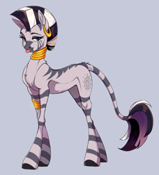 Size: 2373x2601 | Tagged: safe, artist:1an1, imported from derpibooru, zecora, pony, zebra, female, high res, leonine tail, looking at you, mlem, silly, simple background, solo, standing, tail, tongue out