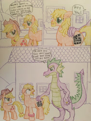 Size: 1024x1365 | Tagged: safe, artist:gibina4ever, imported from derpibooru, applejack, spike, oc, applespike, comic, female, flirting, male, older, older spike, shipping, straight, traditional art