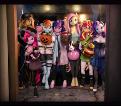 Size: 5400x4725 | Tagged: safe, artist:imafutureguitarhero, imported from derpibooru, angel bunny, applejack, fluttershy, pinkie pie, rainbow dash, rarity, sci-twi, sunset shimmer, twilight sparkle, alicorn, anthro, bat pony, earth pony, pegasus, rabbit, unguligrade anthro, art pack:trick or treat 2021, equestria girls, 3d, absurd resolution, animal, arm on shoulder, bag, barehoof, baseball cap, bat ponified, black bars, blushing, boots, bra, butterfly wings, candy, cap, cargo pants, cheek fluff, choker, chromatic aberration, clothes, colored eyebrows, colored eyelashes, cosplay, costume, crop top bra, crossover, cute, denim shorts, doorway, dress, ear fluff, ear freckles, electric guitar, elf hat, ellis, eye scar, fangs, female, film grain, fingerless gloves, floppy ears, fluffy, flutterbat, food, freckles, fur, glasses, gloves, grin, group, guitar, halloween, halloween 2021, halloween costume, hat, height difference, holiday, hoof boots, hoof fluff, horn, humane five, humane seven, humane six, jewelry, knee fluff, lab coat, leather, leather boots, leather gloves, left 4 dead 2, lingerie, link, link's hat, link's tunic, looking at you, mare, mouth hold, multicolored mane, multicolored tail, musical instrument, nail polish, necklace, necktie, night, one ear down, one eye closed, open mouth, open smile, pants, paper bag, peppered bacon, pirate, pirate costume, pirate hat, pot, pumpkin bucket, race swap, revamped anthros, revamped ponies, scar, scitwilicorn, shirt, shoes, shorts, signature, skirt, smiling, source filmmaker, straitjacket, streetlight, striped gloves, sword, tail, tanktop, text, the legend of zelda, tights, torn clothes, trick or treat, twiabetes, twilight sparkle (alicorn), underwear, unshorn fetlocks, wall of tags, weapon, wings, wink