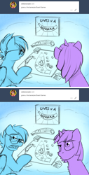 Size: 800x1570 | Tagged: safe, artist:captainhoers, imported from derpibooru, rainbow dash, twilight sparkle, pegasus, pony, unicorn, ask, banana, board game, board games with friends, confused, duo, female, food, limited palette, mare, tumblr, unicorn twilight