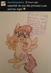 Size: 640x913 | Tagged: safe, artist:gibina4ever, imported from derpibooru, oc, oc only, oc:acting tail, pegasus, pony, ask, ask acting tail, cute, excited, glasses, implied princess luna, ocbetes, pegasus oc, solo, speech bubble, traditional art