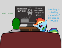 Size: 3300x2550 | Tagged: safe, artist:vareb, imported from derpibooru, rainbow dash, oc, oc:anon, pegasus, pony, couch, dialogue, high res, skyrim, television, text, the elder scrolls, unamused, video game, waiting