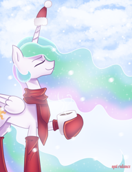 Size: 5834x7600 | Tagged: safe, artist:opal_radiance, imported from derpibooru, princess celestia, alicorn, pony, absurd resolution, chocolate, christmas, clothes, eyes closed, female, food, hat, holiday, hoof hold, horn, horn cap, hot chocolate, mare, mug, santa hat, scarf, smiling, snow, socks, solo