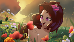 Size: 2666x1500 | Tagged: safe, artist:light262, imported from derpibooru, oc, oc only, oc:violet aria, earth pony, pony, earth pony oc, female, flower, flower in hair, lidded eyes, mare, no pupils, open mouth, pun, scenery, scenery porn, smiling, solo, tree, underhoof, violet (flower), visual pun