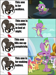 Size: 1280x1708 | Tagged: safe, artist:anthony conley, artist:pony4koma, artist:thebosscamacho, edit, edited screencap, imported from derpibooru, screencap, vector edit, apple bloom, raven, scootaloo, spike, spike the regular dog, sweetie belle, dog, dragon, pegasus, pony, unicorn, equestria girls, friendship games, a pony named spike, cute, female, gigachad spike, glasses, hair bun, male, necktie, older, older spike, ponified, ponified spike, ravenbetes, ravenspike, screenshots, shipping, sitting, species swap, spikabetes, spikelove, stallion, straight, vector, winged spike, wings