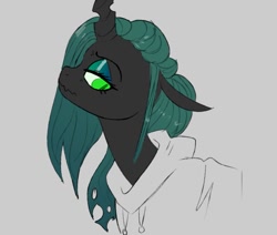 Size: 949x803 | Tagged: safe, artist:woollyart, imported from derpibooru, queen chrysalis, changeling, changeling queen, clothes, eyeshadow, female, floppy ears, frown, gray background, hoodie, lidded eyes, looking back, makeup, simple background, solo