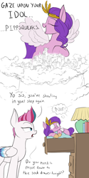 Size: 800x1600 | Tagged: safe, artist:rocket-lawnchair, imported from derpibooru, pipp petals, zipp storm, pegasus, pony, adorapipp, adorazipp, cute, dialogue, dream, duo, eyes closed, female, g5, giantess, height supremacy, lidded eyes, macro, mare, my little pony: a new generation, pipp is short, royal sisters (g5), siblings, simple background, sisters, size difference, sleeping, smiling, smol, surprised, white background