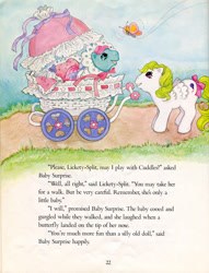 Size: 605x792 | Tagged: safe, imported from derpibooru, baby cuddles, baby surprise, butterfly, pony, baby carriage, cuddles goes to a party, g1, official, path, storybook