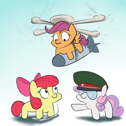 Size: 800x800 | Tagged: safe, artist:rocket-lawnchair, imported from derpibooru, apple bloom, scootaloo, sweetie belle, earth pony, pegasus, pony, unicorn, bomb, cap, cutie mark crusaders, drone, female, glasses, gradient background, hat, quadcopter, simple background, squatpony, trio, weapon