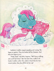 Size: 605x791 | Tagged: safe, imported from derpibooru, baby cuddles, pony, baby carriage, crying, cuddles goes to a party, g1, official, pillow, storybook