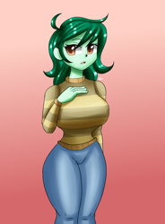 Size: 1400x1900 | Tagged: safe, artist:zachc, imported from derpibooru, wallflower blush, equestria girls, big breasts, breasts, busty wallflower blush, clothes, curvy, female, gradient background, hourglass figure, looking at you, solo, sweater