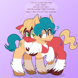 Size: 1700x1700 | Tagged: safe, artist:saveraedae, imported from derpibooru, hitch trailblazer, sprout cloverleaf, earth pony, pony, blushing, cheek fluff, chest fluff, coat markings, confused, dialogue, g5, gay, gradient background, hitchsprout, hug, male, my little pony: a new generation, nervous, oblivious, question mark, raised hoof, shipping, socks (coat markings), sprout is a goddamn moron, stallion, stallion on stallion, unshorn fetlocks