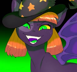 Size: 638x597 | Tagged: safe, artist:woollyart, imported from derpibooru, oc, oc only, oc:tricky treat, bat pony, pony, female, gradient background, hat, looking at you, open mouth, smiling, solo, spread wings, wings, witch hat