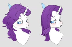 Size: 1170x766 | Tagged: safe, artist:woollyart, imported from derpibooru, rarity, pony, unicorn, alternate hairstyle, curved horn, female, horn, lidded eyes, sad, sick, simple background, solo