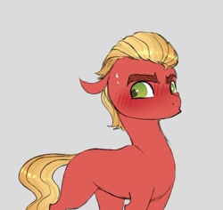 Size: 678x641 | Tagged: safe, artist:woollyart, imported from derpibooru, sprout cloverleaf, earth pony, pony, blushing, embarrassed, floppy ears, g5, gray background, male, my little pony: a new generation, simple background, solo, stallion, sweat