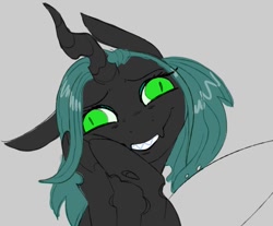 Size: 957x794 | Tagged: safe, artist:woollyart, imported from derpibooru, queen chrysalis, changeling, changeling queen, derp, female, floppy ears, gray background, grin, simple background, smiling, solo