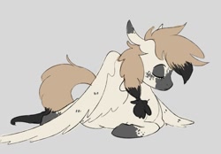 Size: 1115x778 | Tagged: safe, artist:woollyart, imported from derpibooru, oc, oc only, oc:sleepy frostbite, pegasus, pony, eyes closed, gray background, lying down, simple background, solo, spread wings, wings