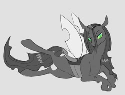 Size: 907x685 | Tagged: safe, artist:woollyart, imported from derpibooru, queen chrysalis, changeling, changeling queen, female, gray background, looking at you, lying down, simple background, sketch, solo