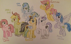 Size: 1200x742 | Tagged: safe, artist:gibina4ever, imported from derpibooru, oc, oc:apple fang, oc:kingston, oc:partycake, oc:prince sparkle, oc:sweet berries, oc:symphony, oc:wind flash, dracony, hybrid, interspecies offspring, next generation, offspring, parent:applejack, parent:cheese sandwich, parent:discord, parent:fancypants, parent:flash sentry, parent:fluttershy, parent:pinkie pie, parent:rainbow dash, parent:rarity, parent:soarin', parent:spike, parent:twilight sparkle, parents:applespike, parents:cheesepie, parents:discoshy, parents:flashlight, parents:raripants, parents:soarindash, traditional art