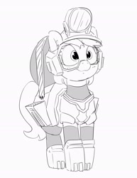 Size: 2302x2986 | Tagged: safe, artist:pabbley, imported from derpibooru, oc, oc only, earth pony, pony, armor, deep rock galactic, female, goggles, grayscale, headlamp, helmet, high res, mare, monochrome, ponified, simple background, smiling, solo, white background