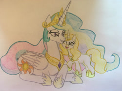 Size: 2048x1536 | Tagged: safe, artist:gibina4ever, imported from derpibooru, princess celestia, oc, oc:princess blossom, alicorn, pony, adopted offspring, horn, next generation, offspring, parent:princess celestia, story included, traditional art, wings