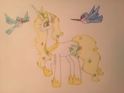 Size: 2048x1536 | Tagged: safe, artist:gibina4ever, imported from derpibooru, oc, oc only, oc:princess blossom, alicorn, bird, pony, adopted offspring, flower, flower in hair, flower in tail, horn, next generation, offspring, older, parent:princess celestia, tail, traditional art, wings