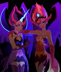 Size: 855x1000 | Tagged: safe, artist:rrd-artist, imported from derpibooru, sci-twi, sunset shimmer, twilight sparkle, equestria girls, bare shoulders, breasts, clothes, costume, female, glowing, glowing eyes, halloween, halloween costume, looking at you, midnight sparkle, midnightsatan, sleeveless, smiling, spread wings, strapless, sunset satan, wings