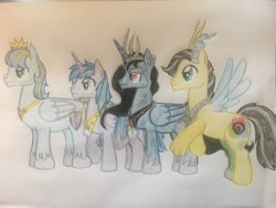 Size: 2828x2121 | Tagged: safe, artist:gibina4ever, imported from derpibooru, oc, oc:kingston, oc:prince knight shield, oc:prince phantom, oc:prince sparkle, alicorn, hybrid, alicorn oc, high res, horn, interspecies offspring, next generation, offspring, parent:discord, parent:flash sentry, parent:fluttershy, parent:king sombra, parent:princess cadance, parent:princess luna, parent:shining armor, parent:twilight sparkle, parents:discoshy, parents:flashlight, parents:shiningcadance, prince, traditional art, wings