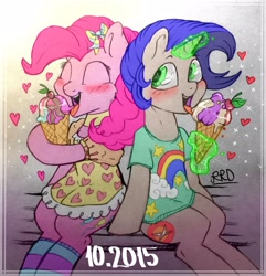 Size: 1400x1450 | Tagged: safe, artist:rrd-artist, imported from derpibooru, pinkie pie, oc, oc:bloody sword, earth pony, pony, unicorn, bench, bow, clothes, dress, female, food, hair bow, happy, ice cream, shirt, smiling, tongue out