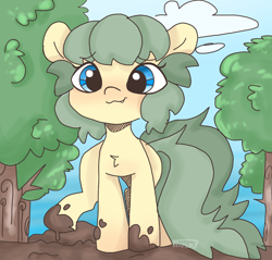 Size: 1288x1232 | Tagged: safe, artist:mushy, imported from derpibooru, oc, oc only, oc:pea, earth pony, pony, blue eyes, chest fluff, cloud, day, eyebrows, eyebrows visible through hair, female, filly, mud, outdoors, sky, smiling, solo, tree