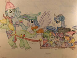 Size: 2828x2121 | Tagged: safe, artist:gibina4ever, imported from derpibooru, oc, oc:apple fang, oc:gideon, oc:hurricane storm, oc:prince sparkle, oc:symphony, oc:venus, oc:violetta, oc:wind flash, dracony, dragon, hybrid, clothes, high res, interspecies offspring, next generation, offspring, parent:applejack, parent:fancypants, parent:flash sentry, parent:rainbow dash, parent:rarity, parent:soarin', parent:spike, parent:twilight sparkle, parents:applespike, parents:flashlight, parents:raripants, parents:soarindash, sled, snow, traditional art, winter outfit