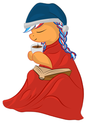 Size: 2063x2906 | Tagged: safe, artist:mistergi, imported from derpibooru, oc, oc only, oc:ember (hwcon), pony, blanket, book, chocolate, chocolate milk, female, hearth's warming con, high res, mascot, milk, nation ponies, netherlands, ponified, simple background, solo, transparent background