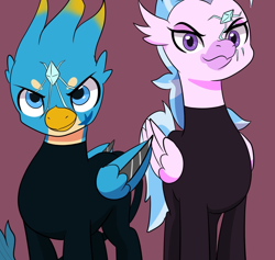 Size: 1454x1378 | Tagged: safe, artist:chedx, imported from derpibooru, gallus, silverstream, griffon, hippogriff, comic:the storm kingdom, blade, bodysuit, clothes, crystal of light, female, male, simple background, the storm 6, the storm six, uniform, weapon, wingblade