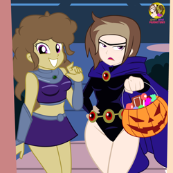 Size: 3920x3920 | Tagged: safe, artist:succubi samus, imported from derpibooru, oc, oc:moon pearl, oc:rella, equestria girls, candy, clothes, cosplay, costume, duo, female, food, halloween, halloween costume, high res, holiday, raven (dc comics), show accurate, sports bra, starfire, teen titans, trick or treat